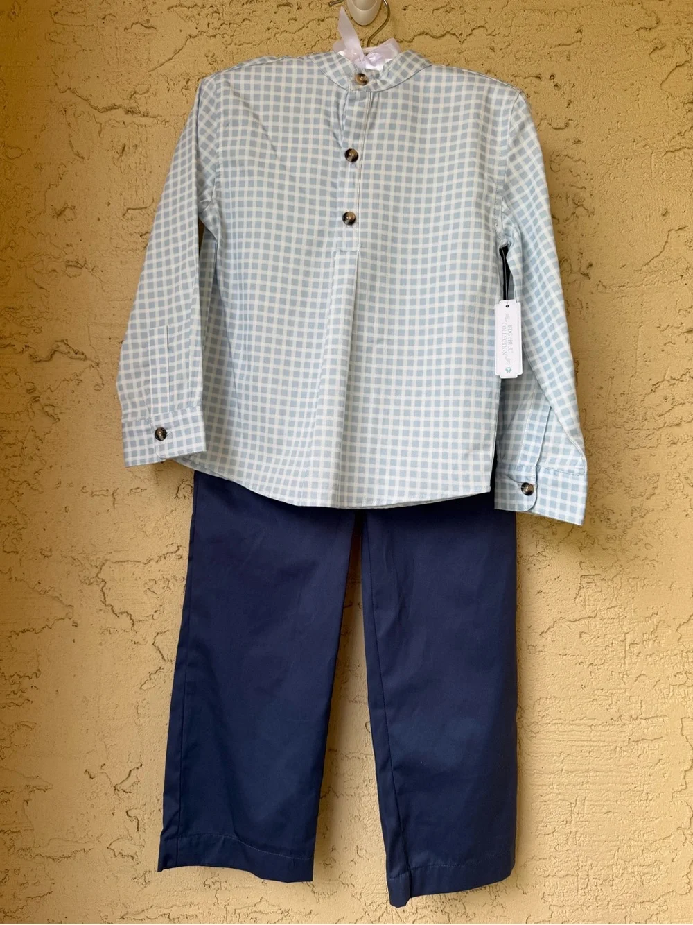 Edgehill Collection Boys Check Light Blue Long Sleeve Shirt and Pants Set 6
